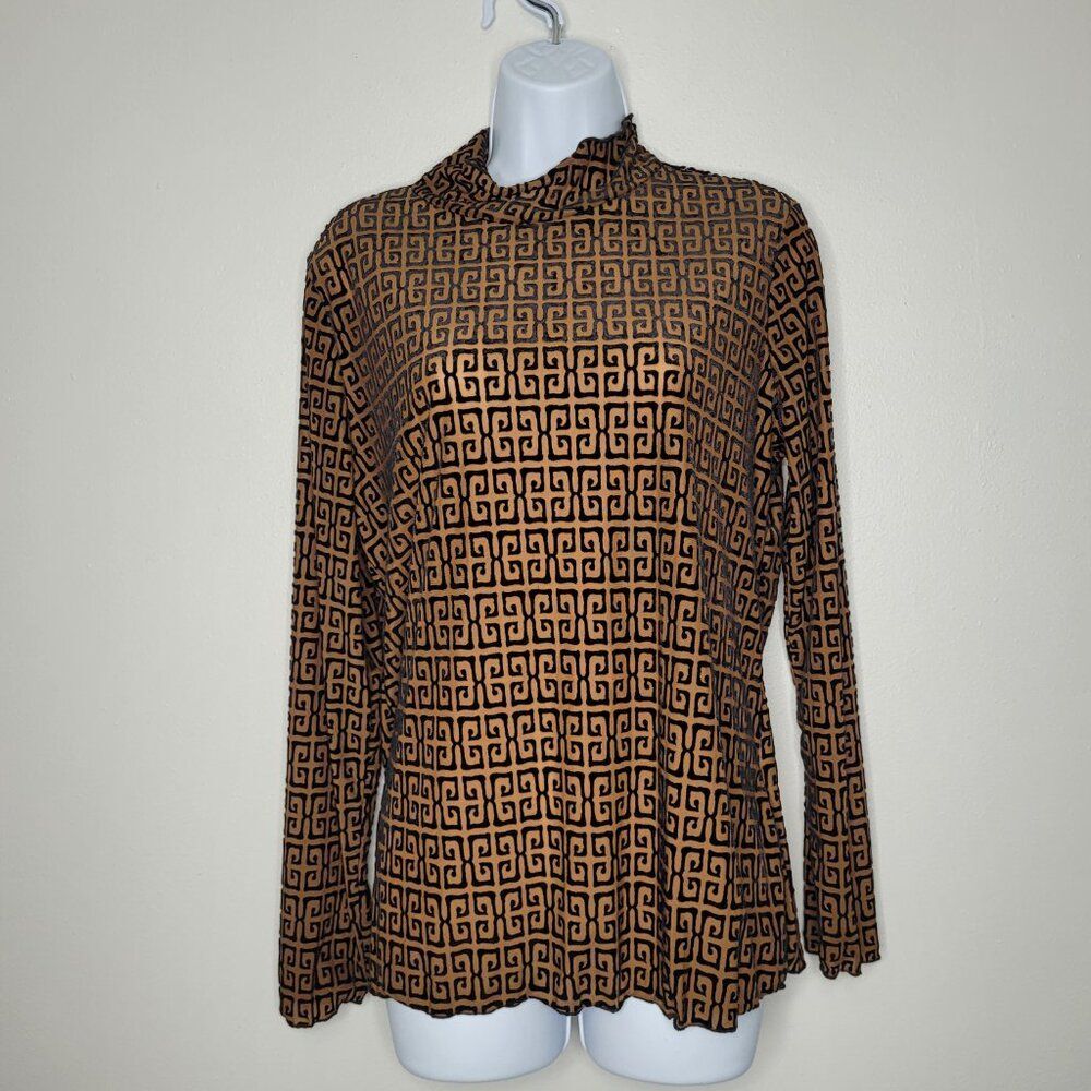 black orange brown geometric print semi sheer mock neck grunge velvet burnout xl